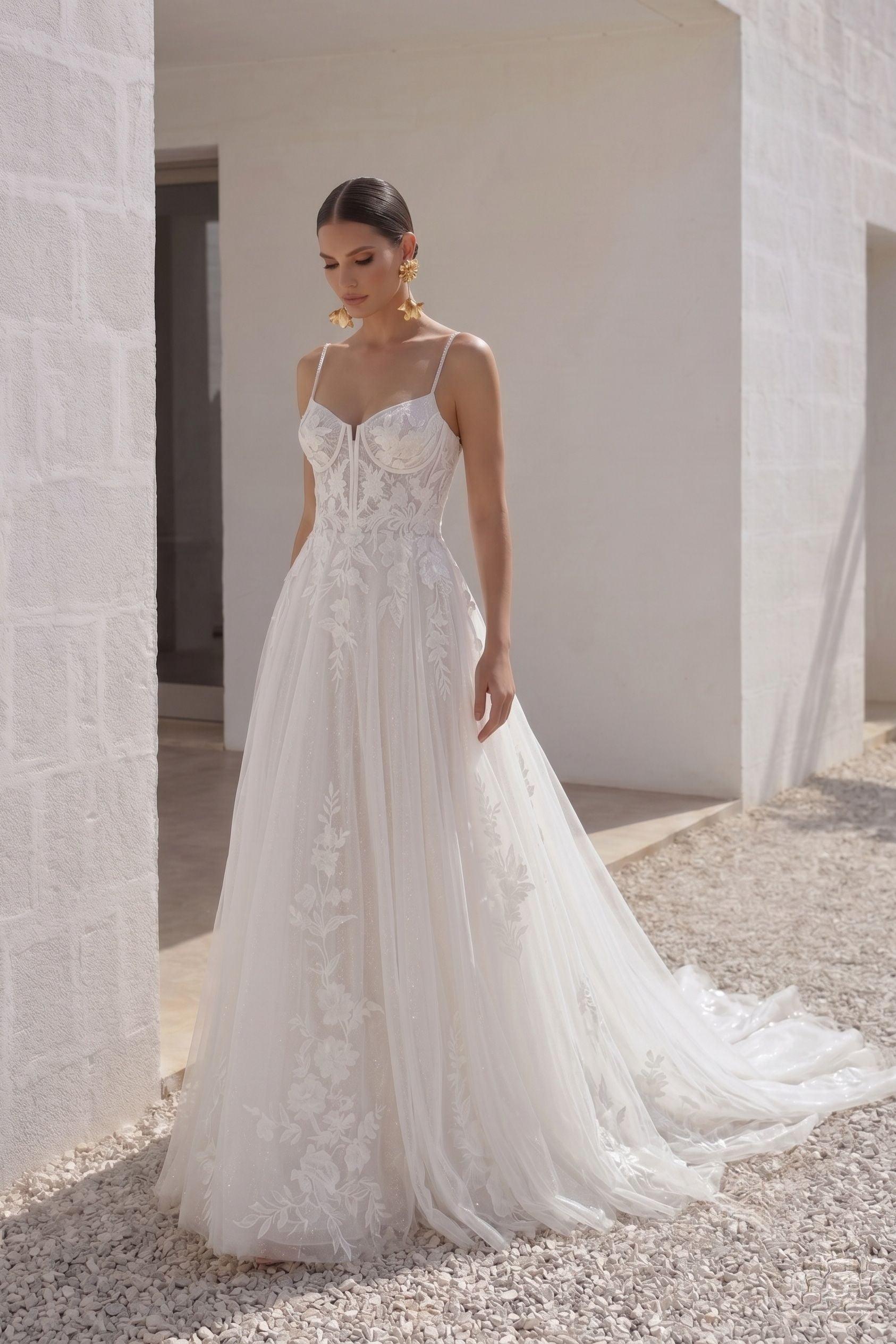 A-Line Court Train Lace Tulle Wedding Dress CW3140 - 45 Days / As Picture:Ivory/Nude / US0-UK2-EUR30 - COCOMELODY